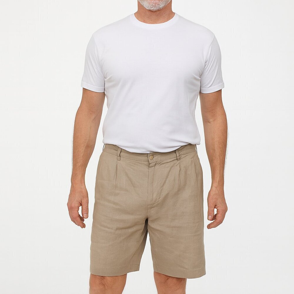 Bugle Boy Golf Shorts Size 34 Tan Khaki Dress Casual Linen Blend Pleated Comfy